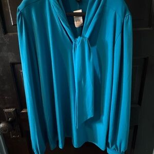 Ann Taylor Bright Blue Tie-Neck Long Sleeve Blouse